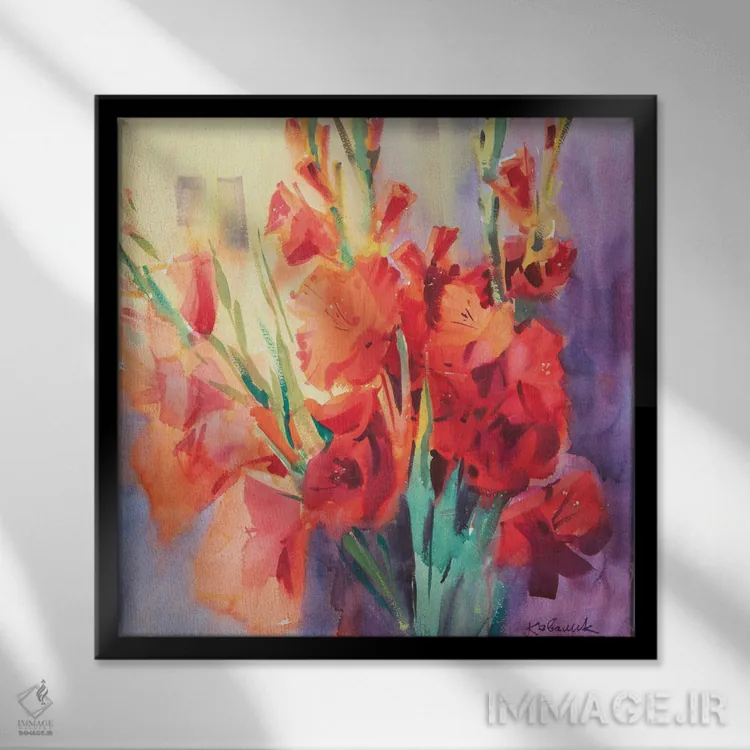 تابلو دکوراتیو گلادیولای قرمز اثر اندریی کووالیک - نمای قابدار مشکی