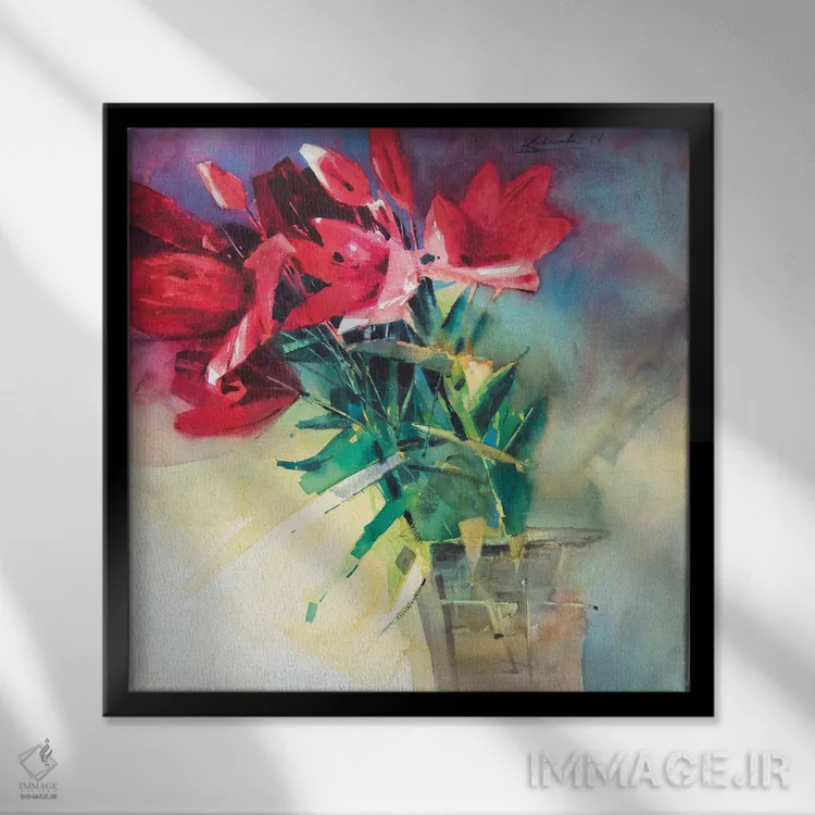 تابلو دکوراتیو طبیعت بی جان مدرن با سوسن های قرمز در گلدان اثر اندریی کووالیک - نمای قابدار مشکی