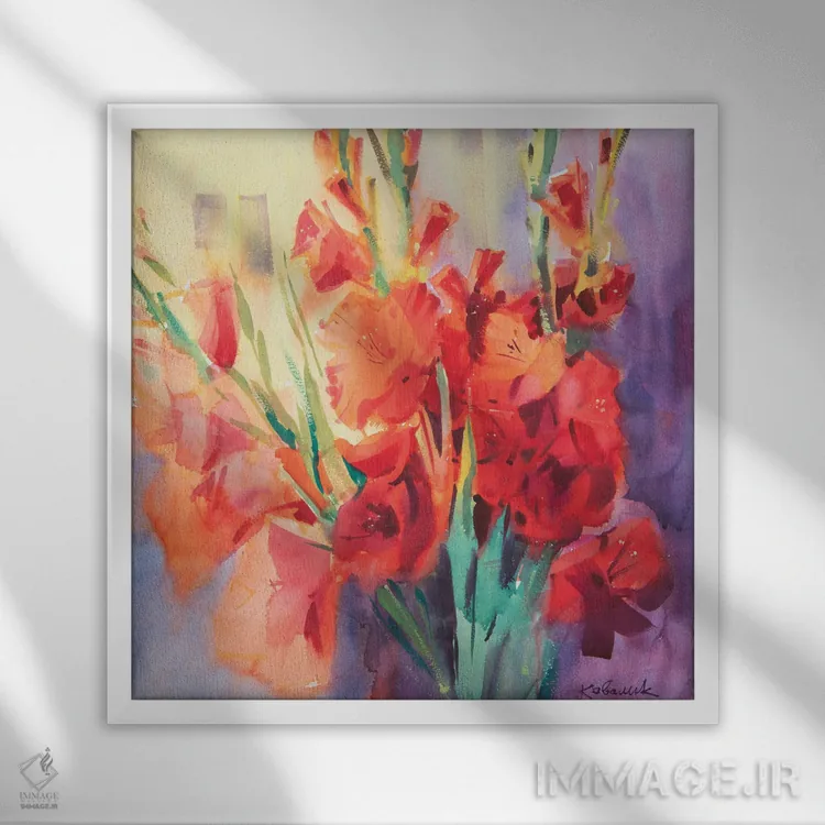 تابلو دکوراتیو گلادیولای قرمز اثر اندریی کووالیک - نمای قابدار سفید