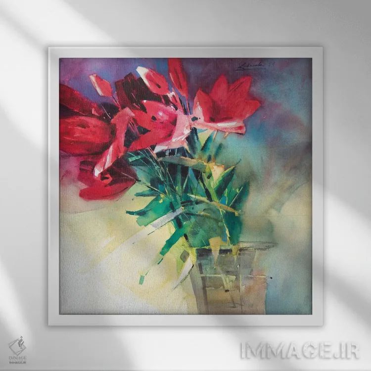 تابلو دکوراتیو سوسن های قرمز در گلدان اثر اندریی کووالیک - نمای قابدار سفید