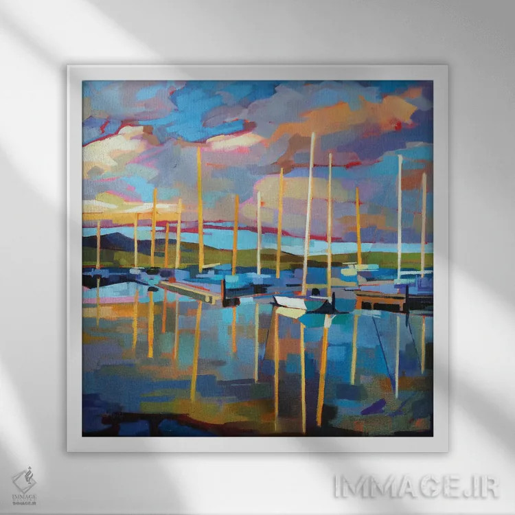 تابلو دکوراتیو قایق های بادبانی در باورگل اثر کوین لاوری - نمای قابدار سفید