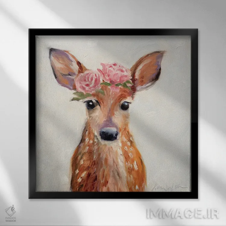 تابلو دکوراتیو گوزن صورتی اثر کارن وبر - نمای قابدار مشکی