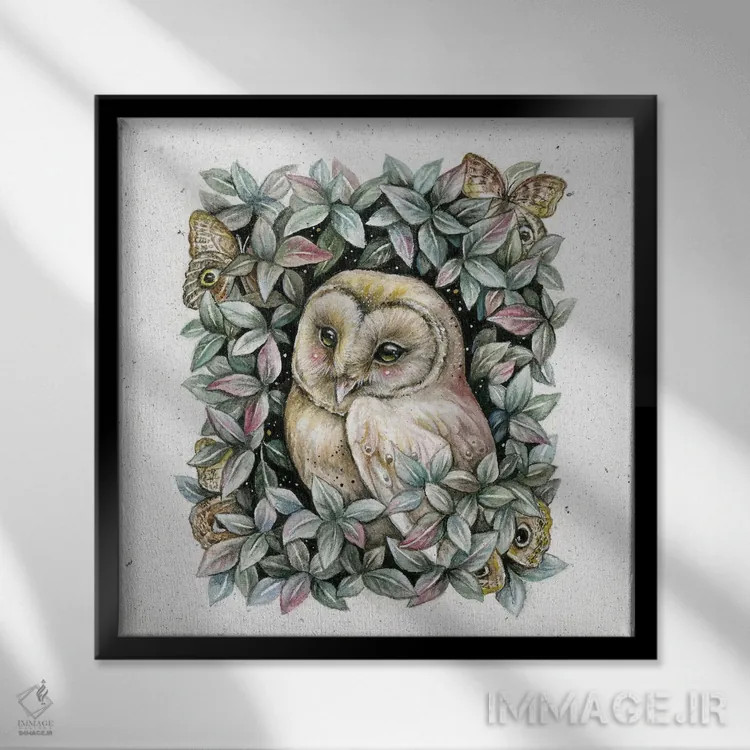 تابلو دکوراتیو جغد و پروانه جغدی اثر کیمرا واچنا - نمای قابدار مشکی