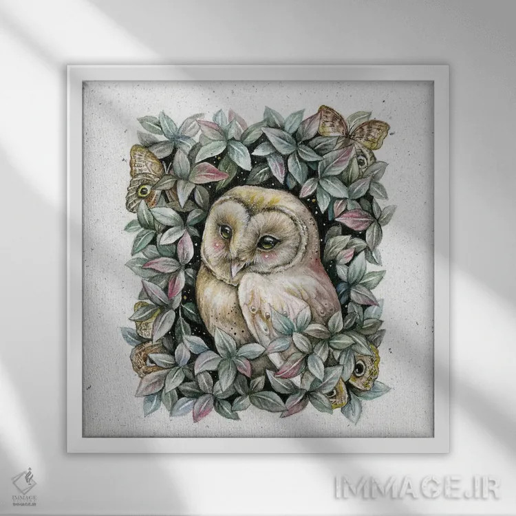 تابلو دکوراتیو جغد و پروانه جغدی اثر کیمرا واچنا - نمای قابدار سفید