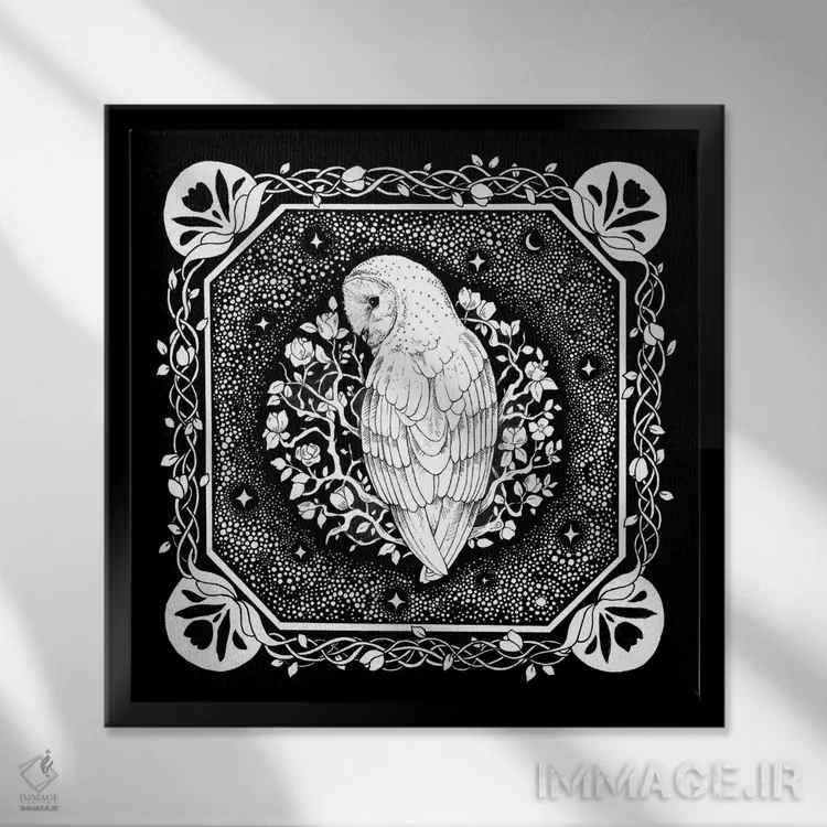 تابلو دکوراتیو جغد ستاره ای با تاک ها اثر کیمرا واچنا - نمای قابدار مشکی