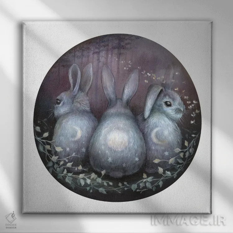 تابلو دکوراتیو سه خرگوش ماه اثر کیمرا واچنا - نمای روبهرو روی دیوار