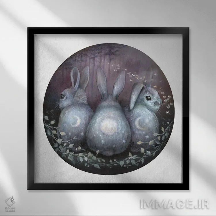 تابلو دکوراتیو سه خرگوش ماه اثر کیمرا واچنا - نمای قابدار مشکی