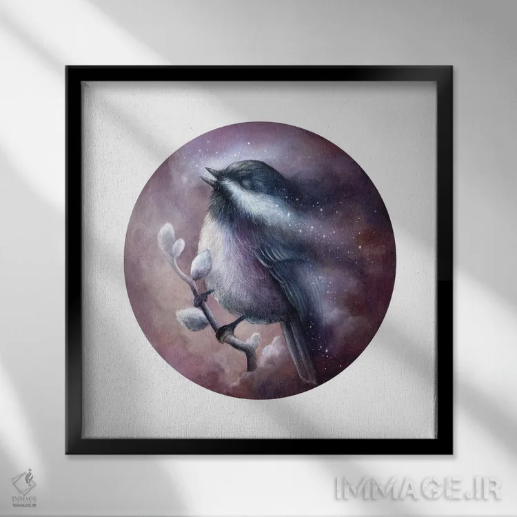 تابلو دکوراتیو گنجشک سیاه کلاه اثر کیمرا واچنا - نمای قابدار مشکی