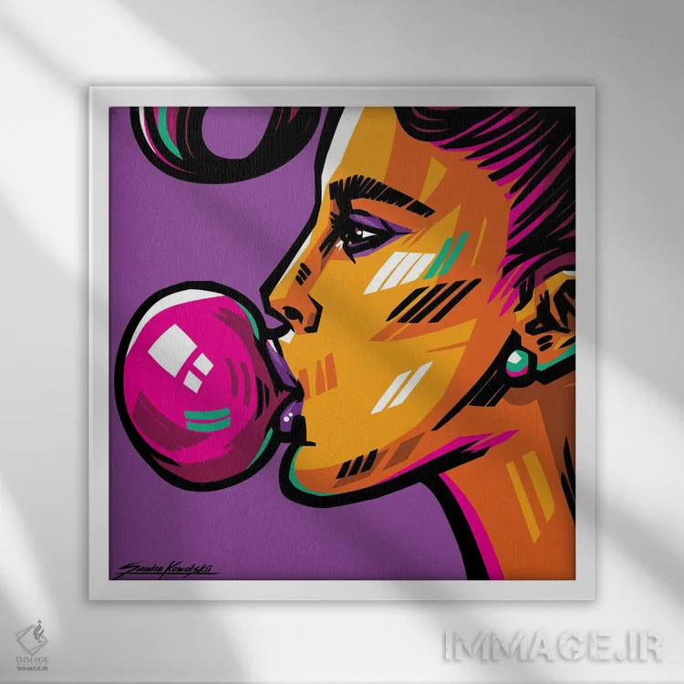 تابلو دکوراتیو آدامس بادکنکی اثر ساندرا کوالسکی - نمای قابدار سفید