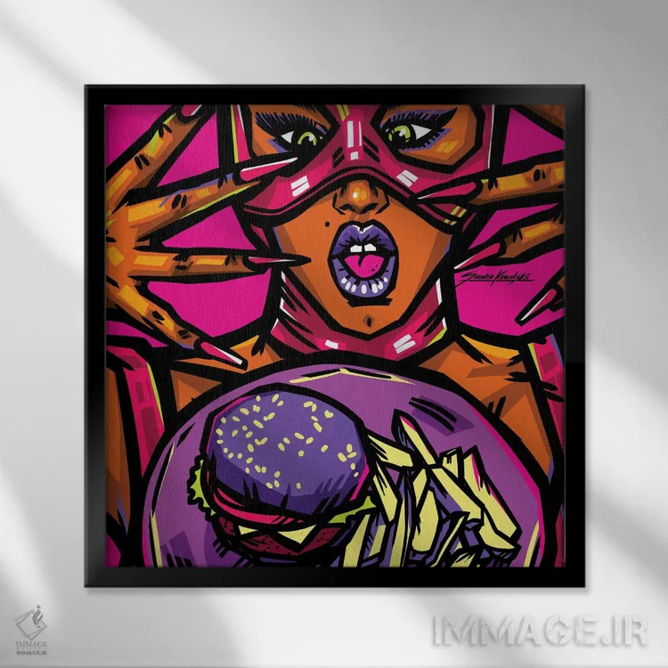 تابلو دکوراتیو عاشق برگر اثر ساندرا کوالسکی - نمای قابدار مشکی