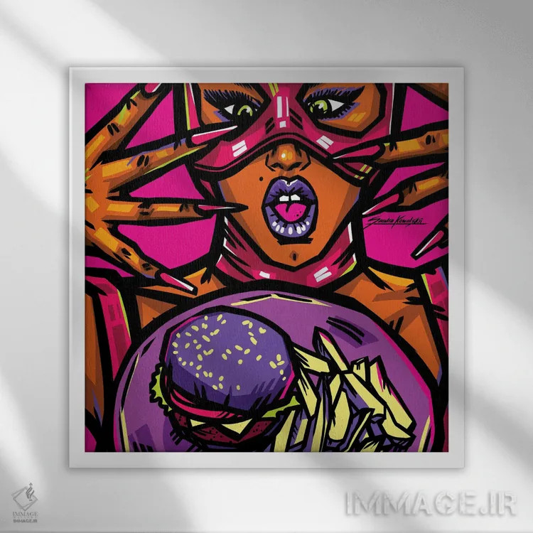 تابلو دکوراتیو عاشق برگر اثر ساندرا کوالسکی - نمای قابدار سفید