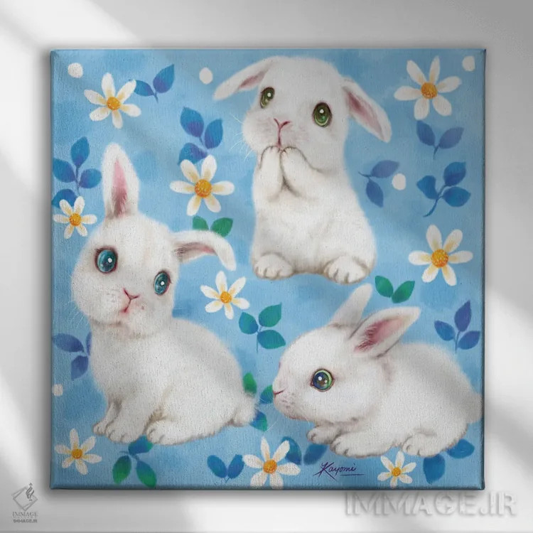 تابلو دکوراتیو سه گانه خرگوشی اثر کایومی هارای - نمای روبهرو روی دیوار