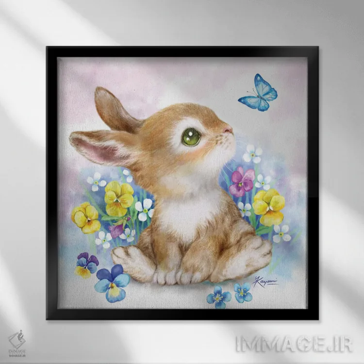 تابلو دکوراتیو خرگوش و پروانه اثر کایومی هارای - نمای قابدار مشکی