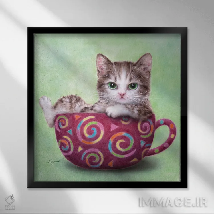 تابلو دکوراتیو گربه فنجانی اثر کایومی هارای - نمای قابدار مشکی