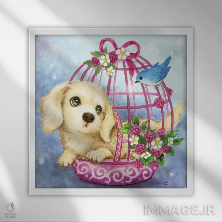 تابلو دکوراتیو قفس پرنده سگ داشهوند اثر کایومی هارای - نمای قابدار سفید