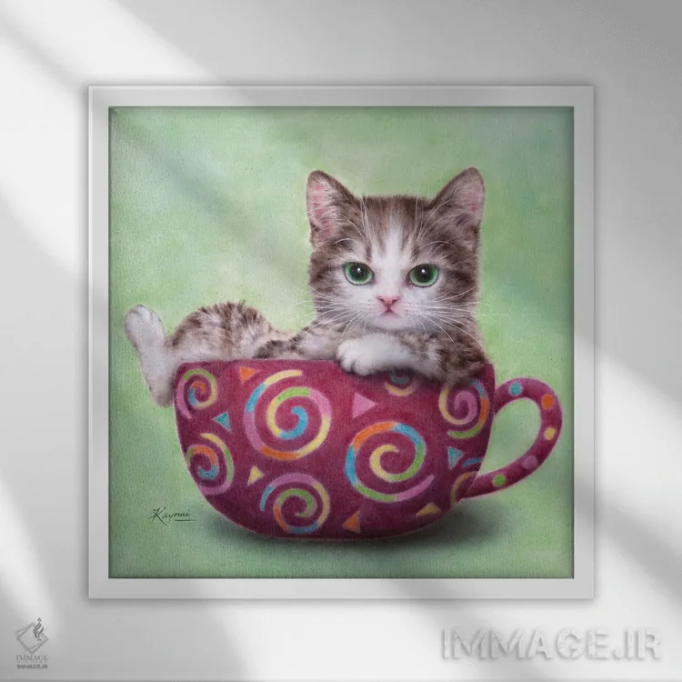تابلو دکوراتیو گربه فنجانی اثر کایومی هارای - نمای قابدار سفید