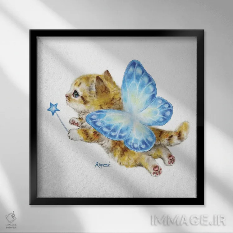 تابلو دکوراتیو بچه گربه پری آبی اثر کایومی هارای - نمای قابدار مشکی