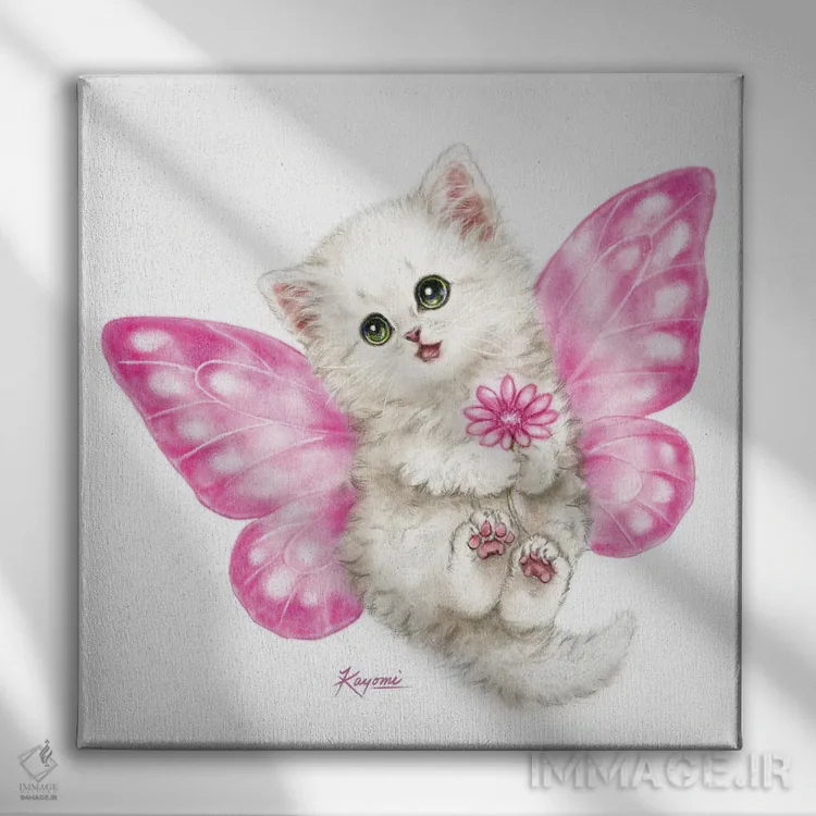 تابلو دکوراتیو بچه گربه پری صورتی اثر کایومی هارای - نمای روبهرو روی دیوار