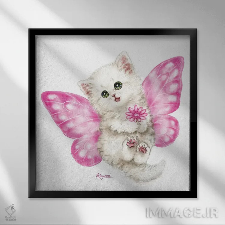 تابلو دکوراتیو بچه گربه پری صورتی اثر کایومی هارای - نمای قابدار مشکی