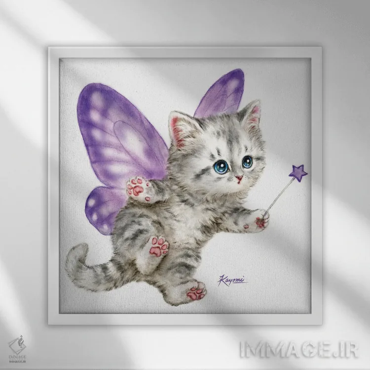 تابلو دکوراتیو بچه گربه پری بنفش اثر کایومی هارای - نمای قابدار سفید