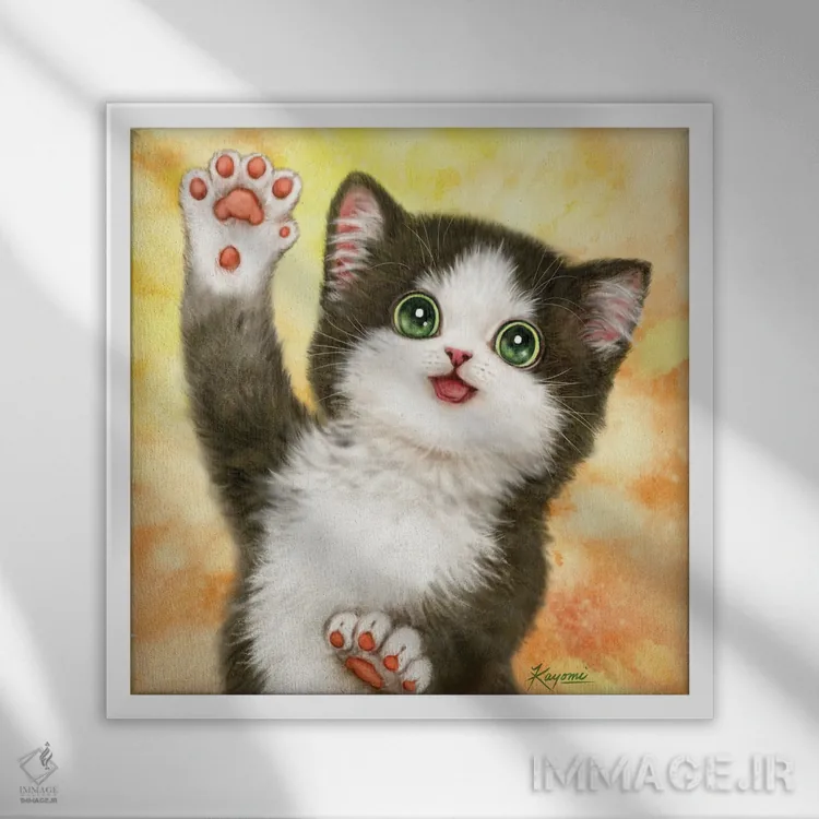 تابلو دکوراتیو گربه با دست پنج اثر کایومی هارای - نمای قابدار سفید