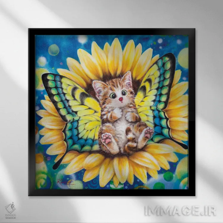 تابلو دکوراتیو پری آفتابگردان اثر کایومی هارای - نمای قابدار مشکی