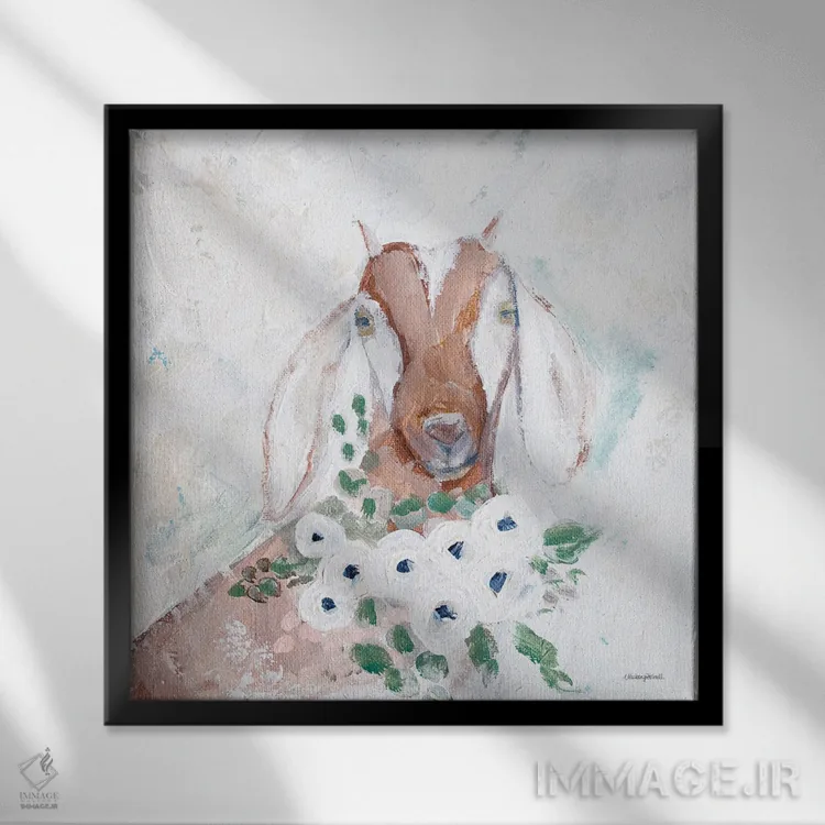 تابلو مدرن بز گل دار اثر مکنزی کیسل - نمای قابدار مشکی