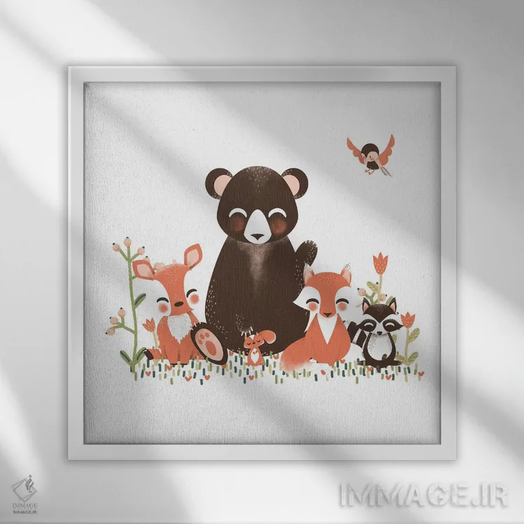 تابلو مینیمال حیوانات بامزه جنگل اثر کانزیلو - نمای قابدار سفید