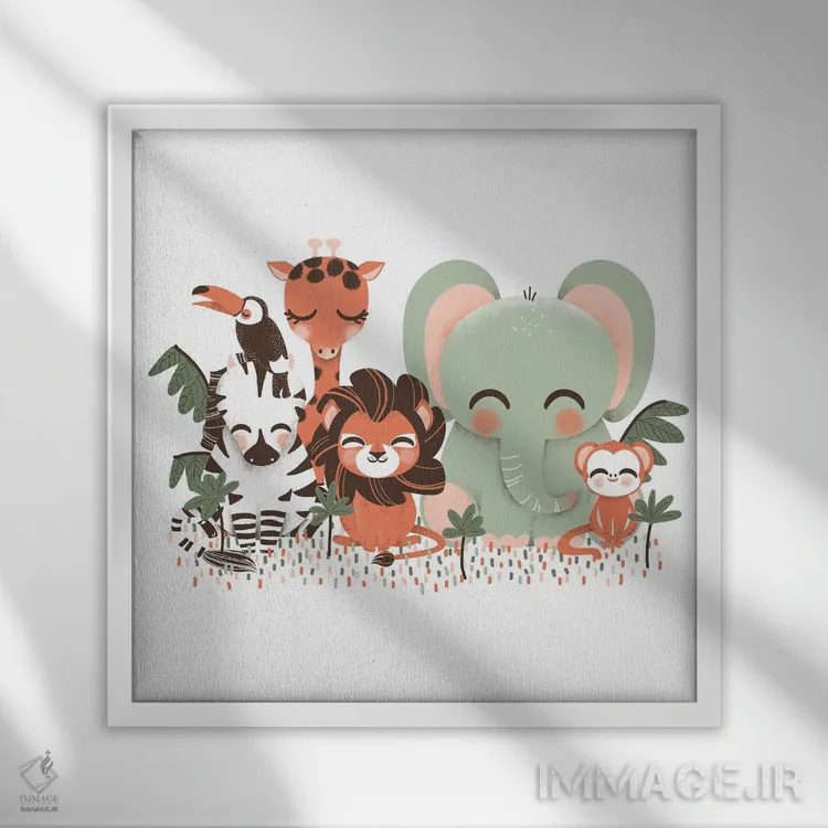 تابلو دکوراتیو حیوانات بامزه جنگل بارانی اثر کانزیلو - نمای قابدار سفید
