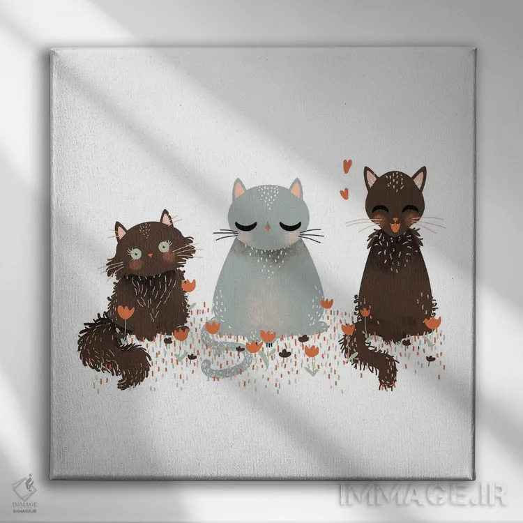 تابلو مینیمال سه گربه اثر کانزیلو - نمای روبهرو روی دیوار