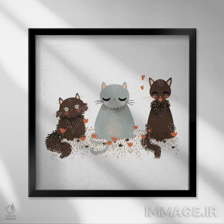 تابلو مینیمال سه گربه اثر کانزیلو - نمای قابدار مشکی