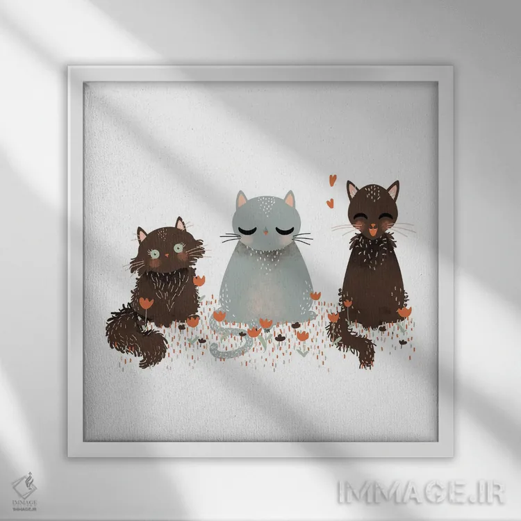 تابلو مینیمال سه گربه اثر کانزیلو - نمای قابدار سفید