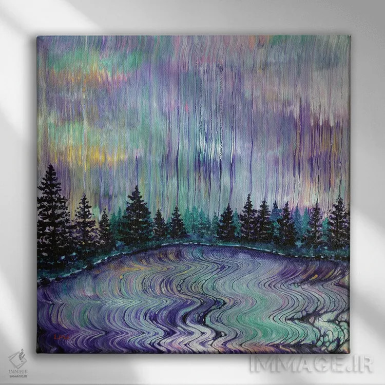 تابلو انتزاعی باران بنفش اورگن اثر لورا ایورسن - نمای روبهرو روی دیوار