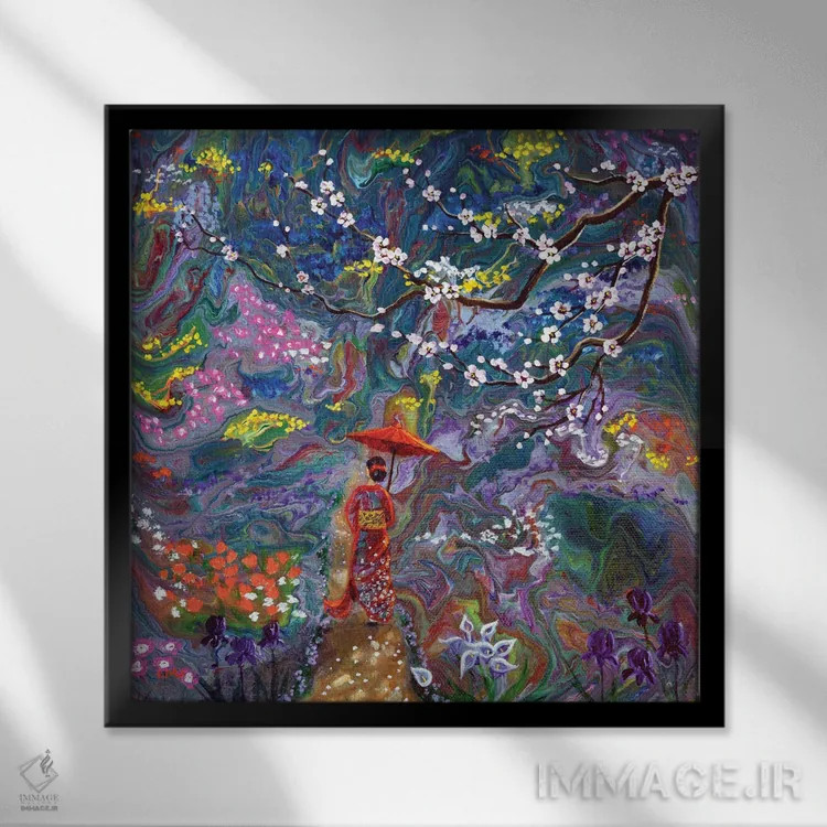 تابلو دکوراتیو قدم زنی در باغ اسرارآمیز اثر لورا ایورسن - نمای قابدار مشکی
