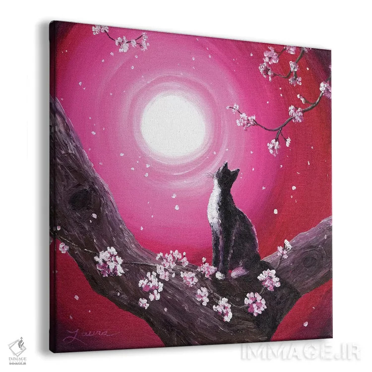 تابلو دکوراتیو گربه توکسیدو میان شکوفه های گیلاس اثر لورا ایورسن - نمای پرسپکتیو محصول