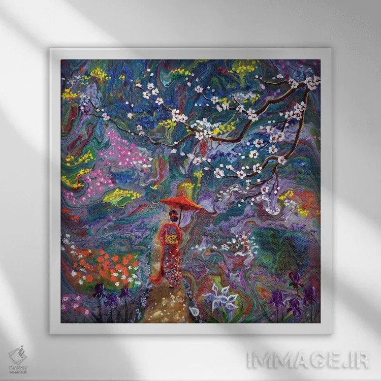 تابلو دکوراتیو قدم زنی در باغ اسرارآمیز اثر لورا ایورسن - نمای قابدار سفید