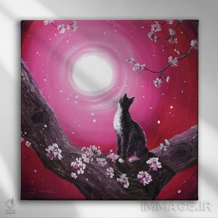 تابلو دکوراتیو گربه توکسیدو میان شکوفه های گیلاس اثر لورا ایورسن - نمای روبهرو روی دیوار