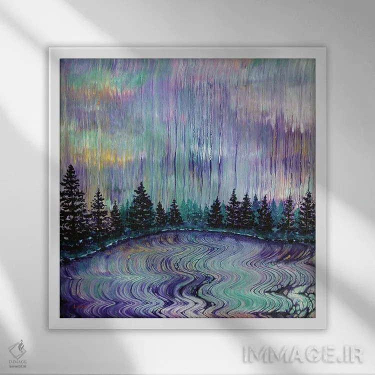 تابلو انتزاعی باران بنفش اورگن اثر لورا ایورسن - نمای قابدار سفید