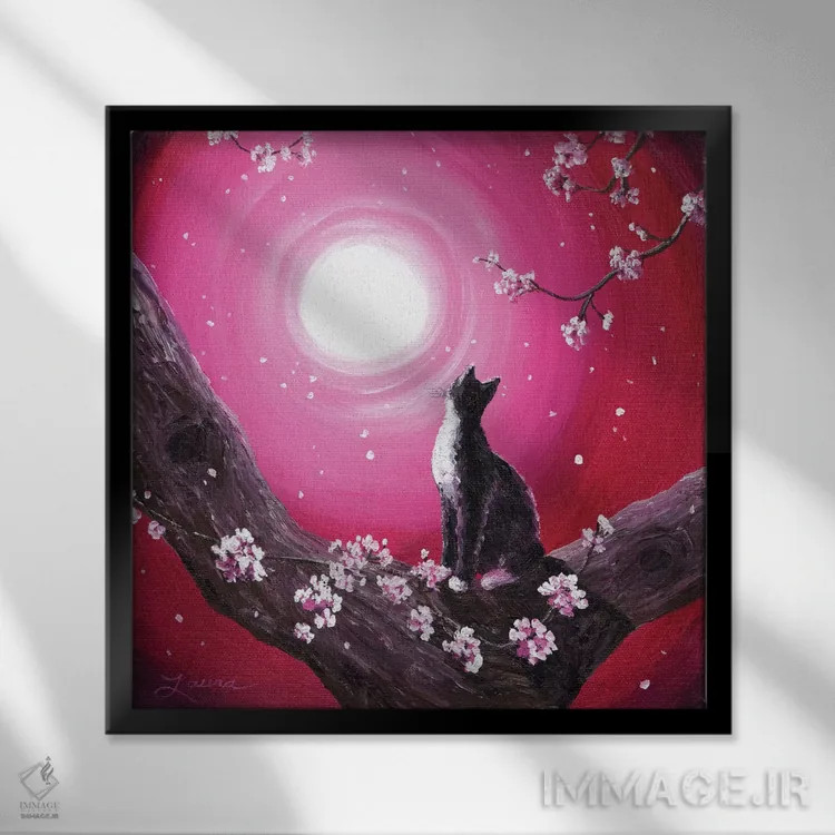 تابلو دکوراتیو گربه توکسیدو میان شکوفه های گیلاس اثر لورا ایورسن - نمای قابدار مشکی