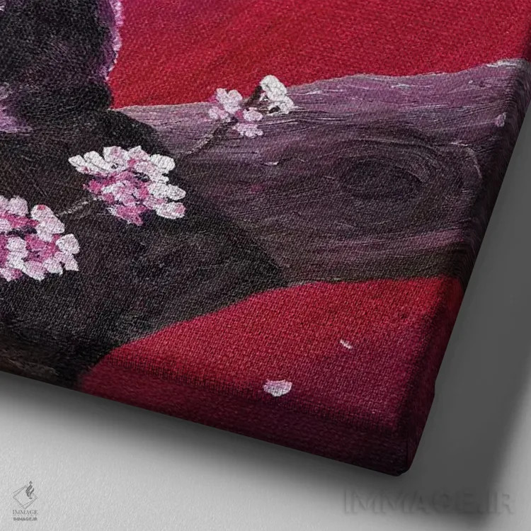 تابلو دکوراتیو گربه توکسیدو میان شکوفه های گیلاس اثر لورا ایورسن - نمای نزدیک بافت بوم