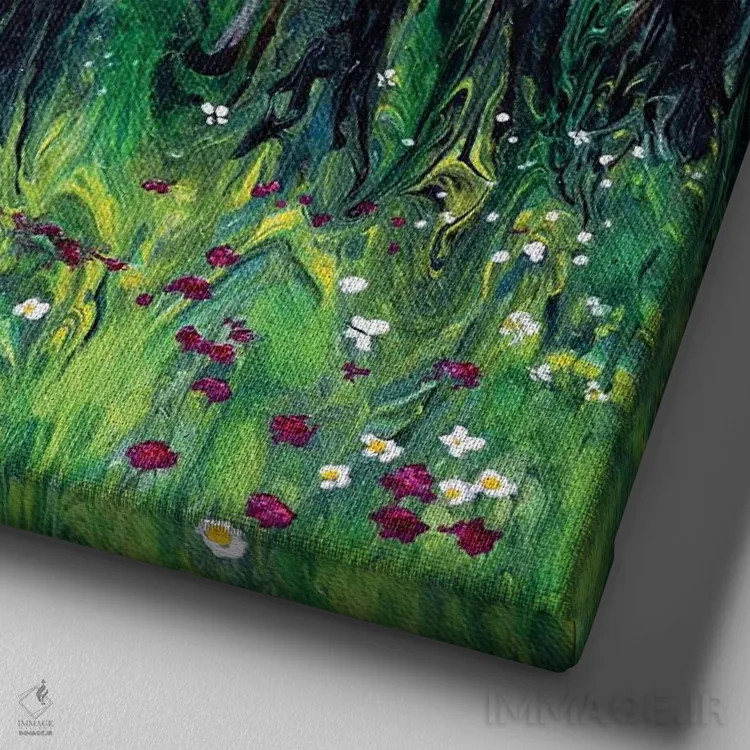 تابلو انتزاعی چمنزار گل های وحشی جنگل اثر لورا ایورسن - نمای نزدیک بافت بوم