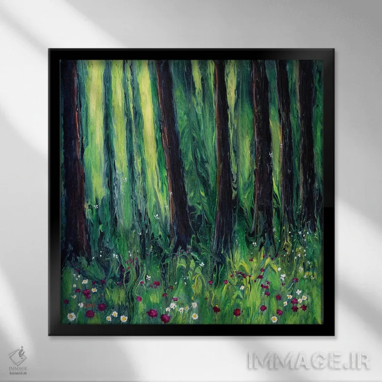 تابلو انتزاعی چمنزار گل های وحشی جنگل اثر لورا ایورسن - نمای قابدار مشکی