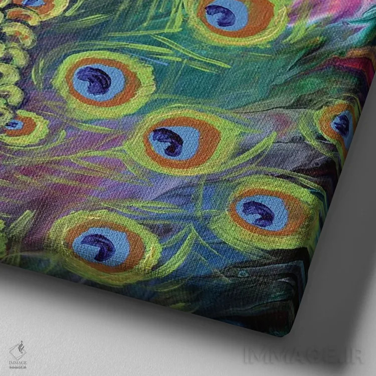 تابلو دکوراتیو طاووس اثر لورا ایورسن - نمای نزدیک بافت بوم