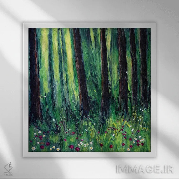 تابلو انتزاعی چمنزار گل های وحشی جنگل اثر لورا ایورسن - نمای قابدار سفید