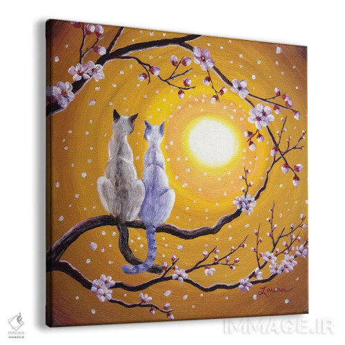 تابلو دکوراتیو گربه های سیامی در آغوش ساکورای طلایی اثر لورا ایورسن - نمای پرسپکتیو محصول