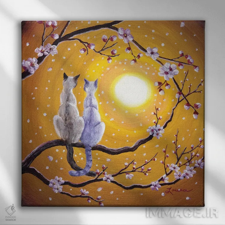 تابلو دکوراتیو گربه های سیامی در آغوش ساکورای طلایی اثر لورا ایورسن - نمای روبهرو روی دیوار