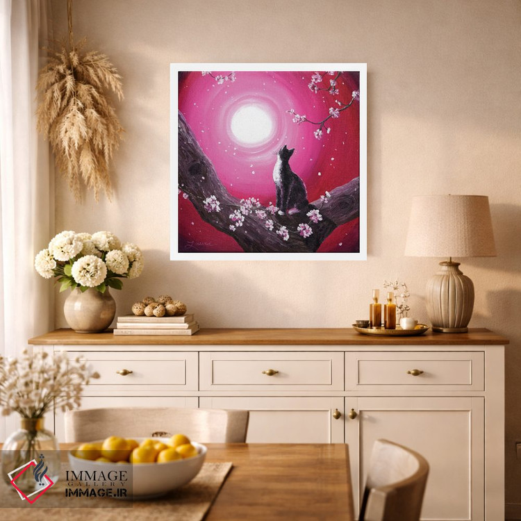تابلو دکوراتیو گربه توکسیدو میان شکوفه های گیلاس اثر لورا ایورسن - D1W