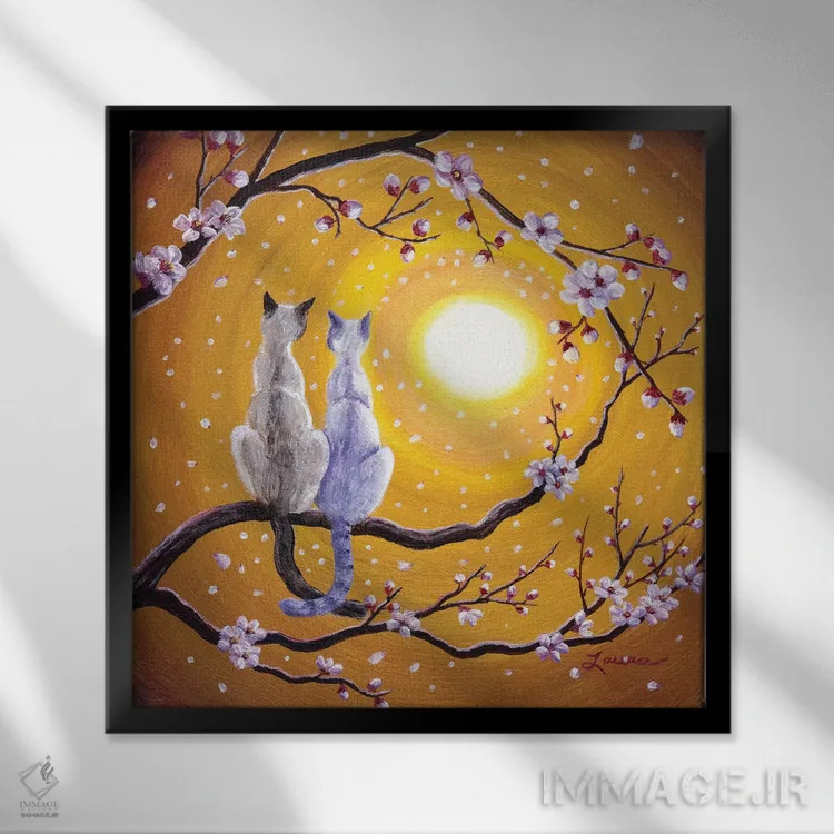 تابلو دکوراتیو گربه های سیامی در آغوش ساکورای طلایی اثر لورا ایورسن - نمای قابدار مشکی