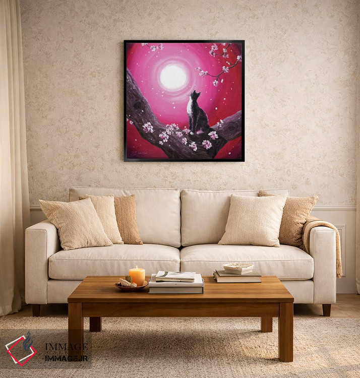 تابلو دکوراتیو گربه توکسیدو میان شکوفه های گیلاس اثر لورا ایورسن - D2B