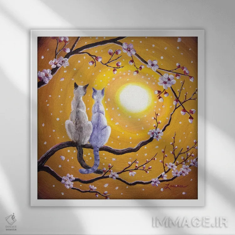 تابلو دکوراتیو گربه های سیامی در آغوش ساکورای طلایی اثر لورا ایورسن - نمای قابدار سفید